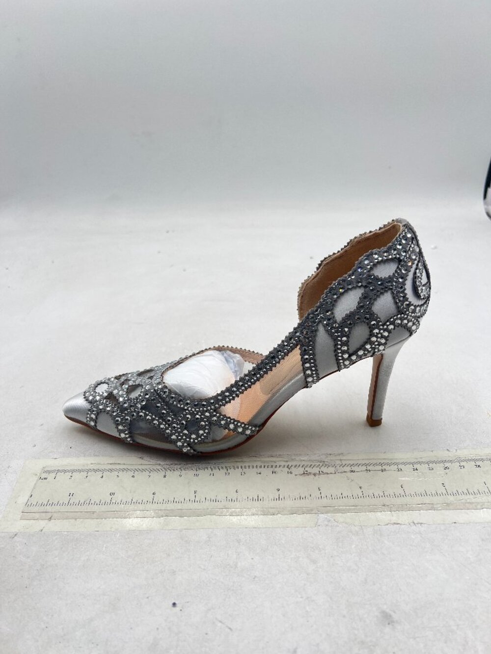 XYD Silver Pointy Toe Crystal High Heel Slip On D'Orsay Mesh Bridal Pumps